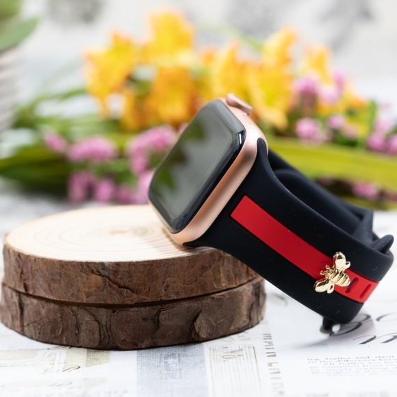 Apple Watch Band, Black and Red Stripes Silicone Strap w/ Bee Stud - Picture 3 of 5
